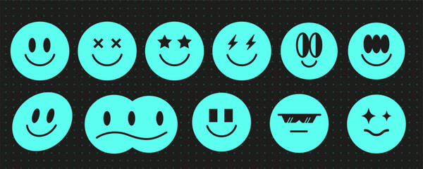Sticker - space trippy smiley face 90s aesthetic set, vintage blue neon y2k smile symbol design, modern techno