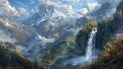 Wall Mural - Mountain waterfall, Showcase the rugged and dramatic beauty of a waterfall nestled amidst towering mountains, highlighting the contrast between the natural elements