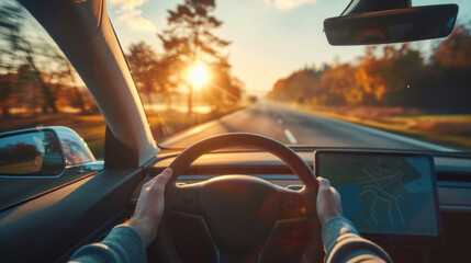 Wall Mural - An electric car driver drives an EV at sunset with a blurred sky view inside the car with the car's steering wheel held in his hands