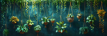 A Bunch Of Hanging Herbs Hanging From A Window With Water Drops,
 Plants In Hanging Pots Against A Dark Green Back ,
Working Space Inspired By Nature And Infused With Greenery

