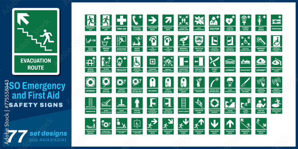 77 set iso emergency and first aid safety signs size a4/a3/a2/a1 Stock ...