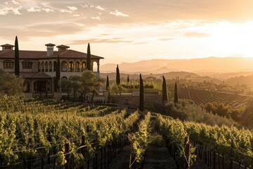 Professional Photography of a Vineyard Estate With Rolling Vineyards, Wine Cellar, and Tuscan-Inspired Villa, Generative AI