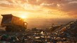 Landfill with garbage trucks transporting garbage at sunset