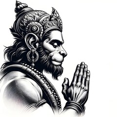 Wall Mural - Black and white sketch style illustration of hanuman in a respectful pose.