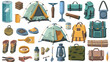Illustration of various camping objects on a white
