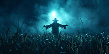 Spooky Scarecrow In A Corn Field On Halloween Night. Generative Ai 