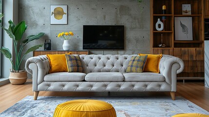 Wall Mural - Loft interior design of modern living room, home. Tufted grey sofa with yellow pillows and plaid near tv unit and vibrant yellow pouf in room with concrete wall