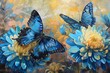 blue tropical butterflies on chrysanthemum flowers painted with oil paints 