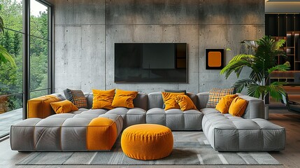 Wall Mural - Loft interior design of modern living room, home. Tufted grey sofa with yellow pillows and plaid near tv unit and vibrant yellow pouf in room with concrete wall