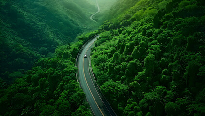 Aerial view of dark green forest road and white electric car Natural landscape and elevated roads Adventure travel and transportation and environmental protection concept