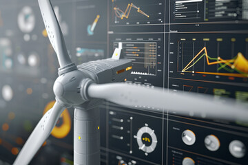 Poster - A wind turbine is shown on a computer screen with various graphs and numbers