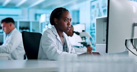 Poster - Science, research and black woman at computer checking results for pharmaceutical study in laboratory. Thinking, typing and scientist reading website with medical innovation, technology or lab ideas