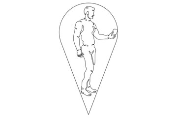 One continuous line. A man looks at the smartphone screen. Geolocation using mobile communications. Geolocation sign. Navigation on a mobile device map.One continuous line is drawn on a white backgrou