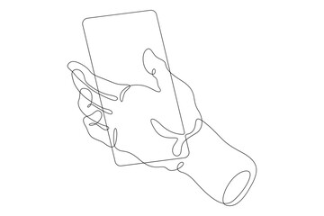 Poster - One continuous line.The hand touches the smartphone screen. Using the device manually. Tap the screen with your finger. One continuous line drawn isolated, white background.