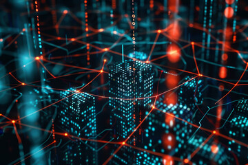 Poster - A cityscape with a network of red and blue lines