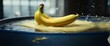yellow banana, sinking in water tank, product advertising drip, closeup photograph