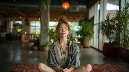 Mindfulness and Meditation A young woman practices mindfulness and meditation in a peaceful environment, such as a natural environment, yoga studio, or quiet indoor space. With calming elements with n