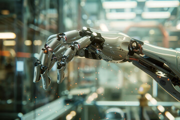 Poster - A robot arm is shown in a factory setting