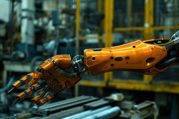 Poster - A robotic arm with orange and black parts is shown in a factory setting