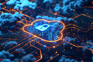 Poster - A blue and orange cloud with a blue and orange lock on it
