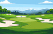 Flat Design of Green Golf Field Course with Mountain View in Bright Day
