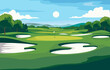 Flat Design of Green Golf Field Course with Mountain View in Bright Day
