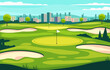 Flat Design of Green Golf Field Course with Cityscape in Bright Day