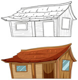 Fototapeta Las - Two styles of wooden cabins, one colored, one sketched.