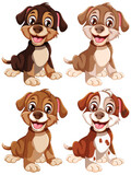 Fototapeta Las - Four cute cartoon puppies with different markings.