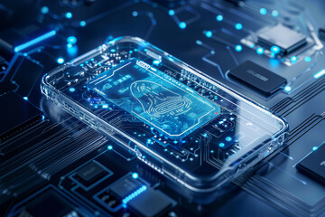 Poster - A cell phone with a face on it is displayed on a circuit board