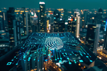 Poster - A city skyline is shown with a blue and green fingerprint on a tablet