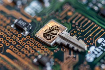 Poster - A close up of a circuit board with a key on it