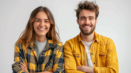 Wall Mural - Happy couple standing together on white background, cheerful male young adult portrait