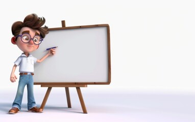 Cartoon character little boy points a finger at a blank board on a white background. 3d render illustration