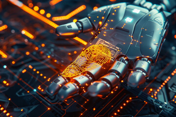Poster - A robotic hand with a fingerprint on it is displayed on a computer screen