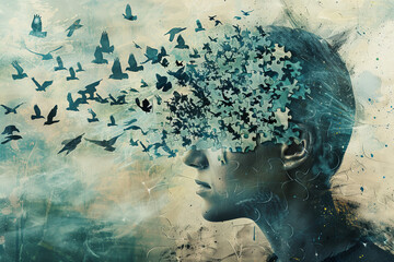 Poster - A woman's face is cut out of a puzzle, with birds flying around her head