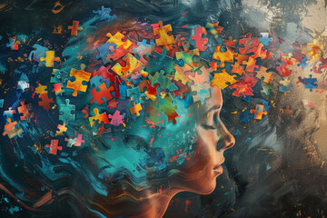 Poster - A woman's face is cut out of a puzzle, with birds flying around her head