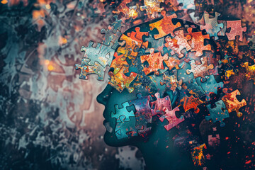Poster - A puzzle of a person's head with a face made of pieces
