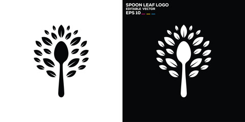 Wall Mural - Vector design template of spoon and fork combination with leaf logo, restaurant, equipment, cutlery, vegetables, diet, symbol icon EPS 10