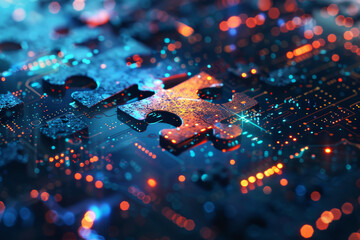 Fototapete - A jigsaw puzzle with a green piece that is missing