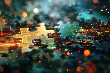 Fototapete - A jigsaw puzzle with a green piece that is missing