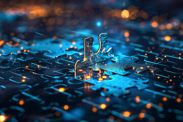 Fototapete - A puzzle piece is on a blue background with a yellow and orange glow