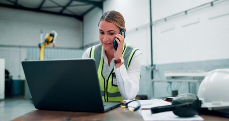 Aufkleber - Phone call, woman and laptop in factory for communication, contact or information for work in industrial career. Female person, engineer or manager with mobile technology for planning or distribution