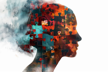 Poster - A woman's face is made up of puzzle pieces