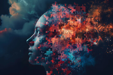 Poster - A woman's face is made up of puzzle pieces