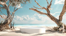 A Podium At A Tropical Beach With Sand And Driftwood Against A Blue Sky Background Background For Product Photography