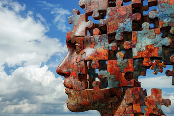 Poster - A puzzle of a face with a blue sky in the background