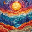 Illustrated clay sun in a vibrant, abstract landscape, showcasing unique lighting techniques ,illustrator