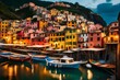 A cinematic photograph of Vernazza village at sunset, with warm golden hues illuminating the colorful houses and the tranquil harbor. The high-resolution image captures 
