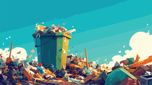 Overflowing trash can. Vector unsorted pile of garb